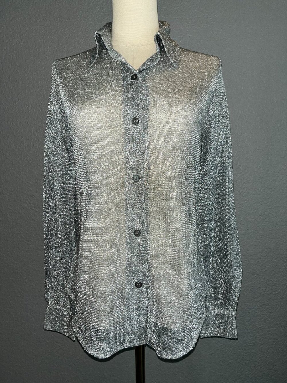 Linda Allard Ellen Tracy Vintage Metallic Silver Shimmer Mesh Shirt Top NWT - 8
